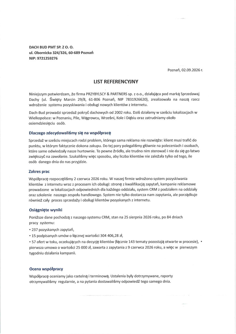 Skan listu referencyjnego Dach-Bud PMT sp. z o.o. z 2 września 2026, strona 1